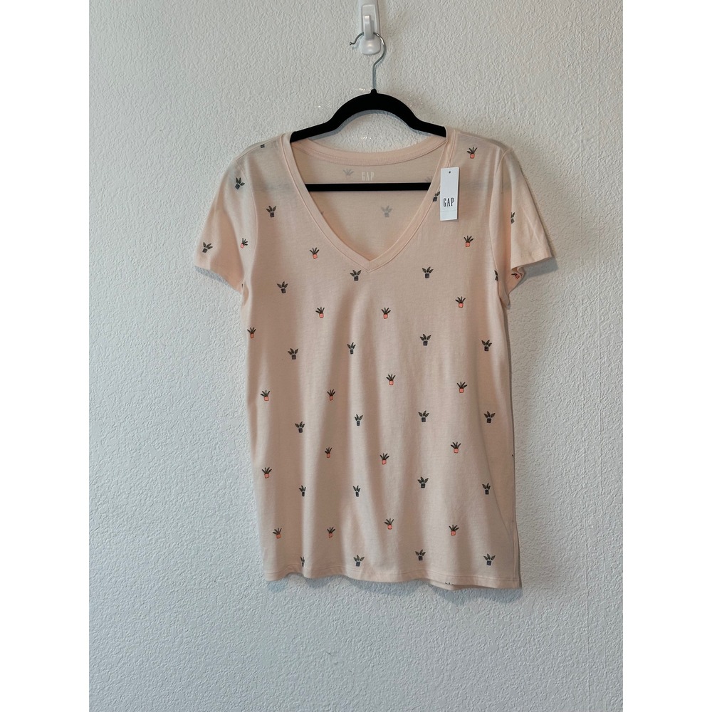 GAP Womens Peach Potted Plant Print V-Neck T-Shirt Size M New 467206-02-1